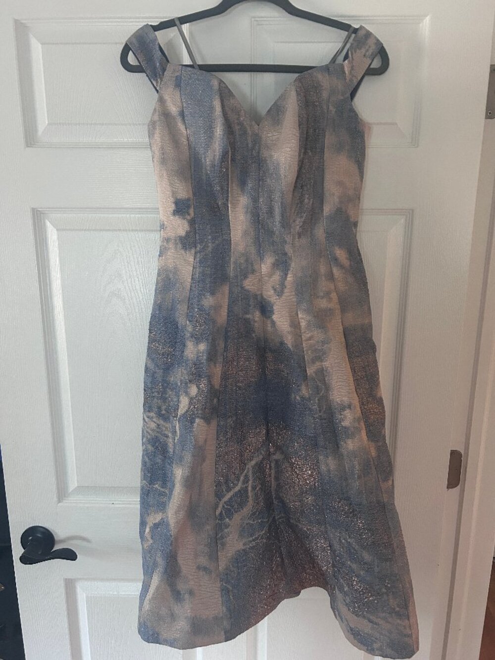 NWT $1695 Rene Ruiz Collection Women's Blue and Gold  Off-Shoulder Dress Size 6